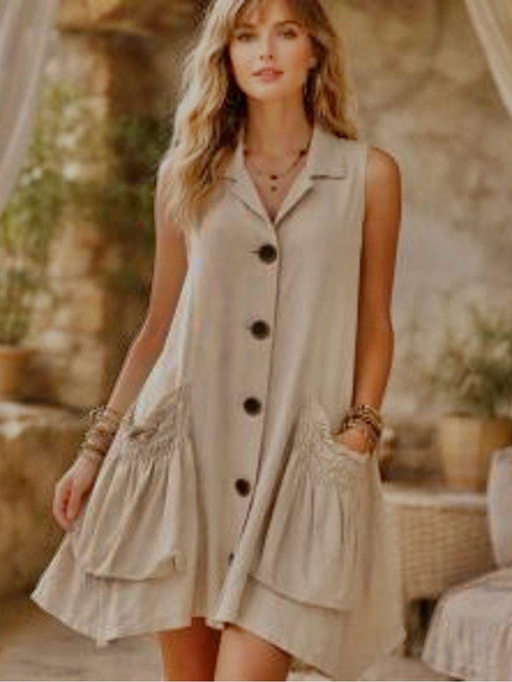 Cynthia Rowley Beige Sleeveless Button-Front Pocket Dress